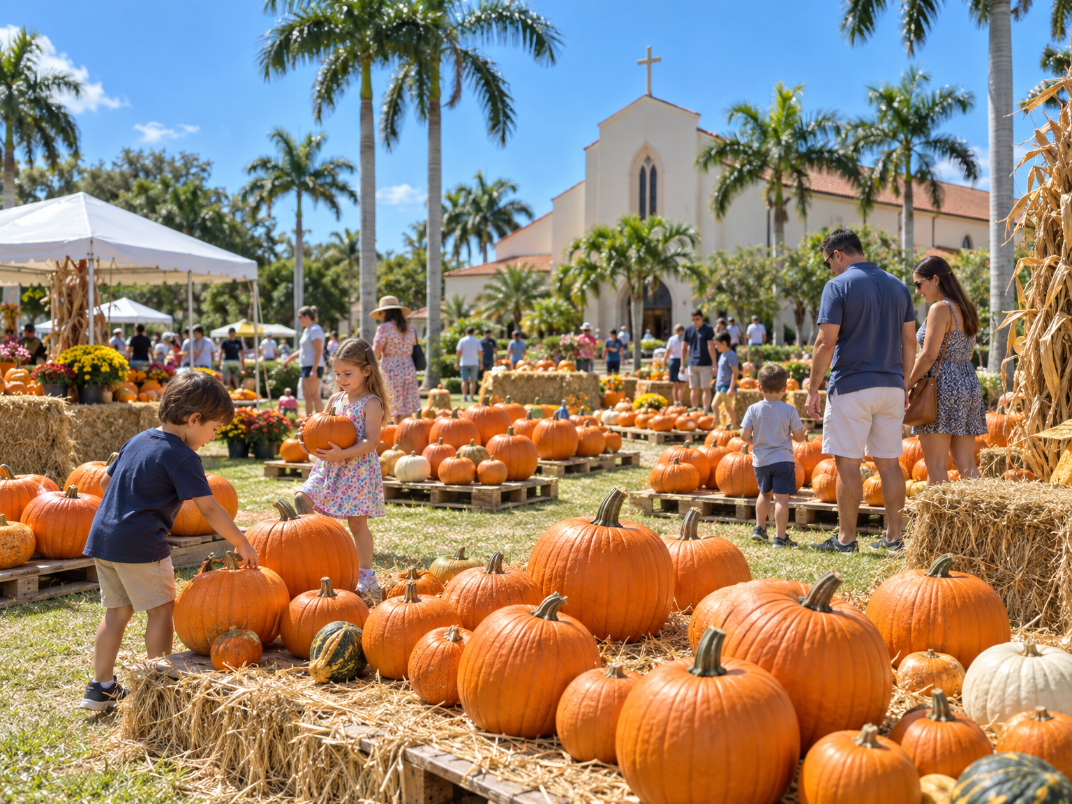 Rows of orange pumpkins on straw at the parish pumpkin patch under a sunny Florida sky
