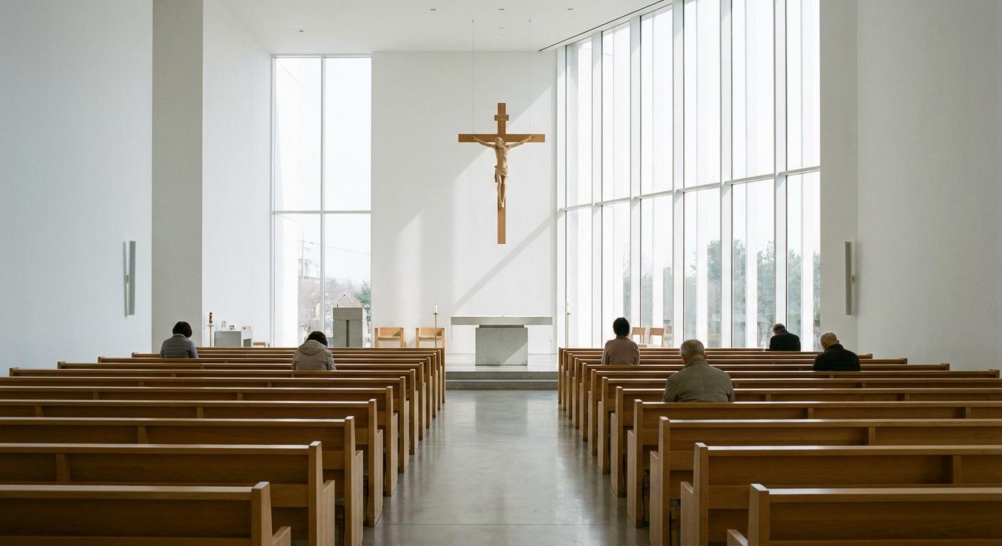 Sunlit sanctuary interior with wooden pews and altar