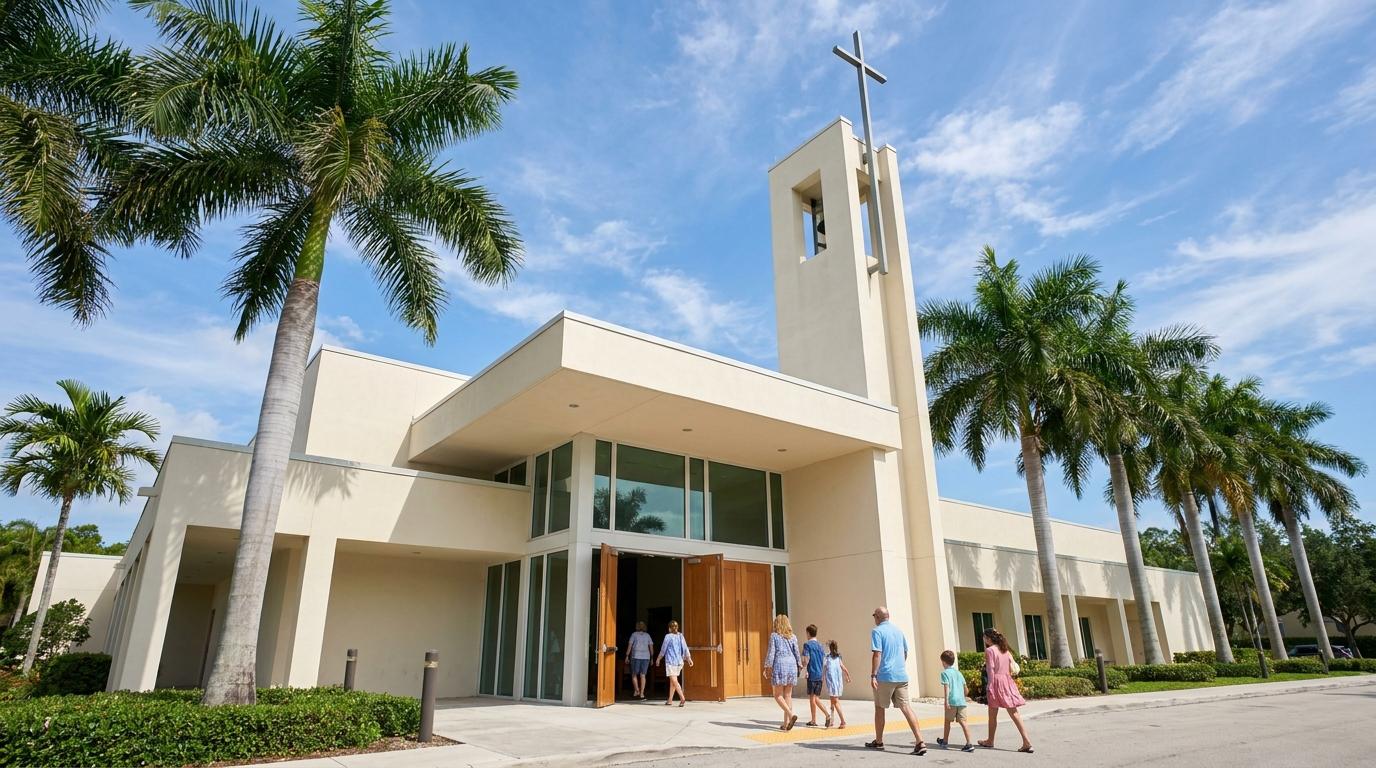 Exterior of Our Lady Queen of Apostles church under a bright Florida sky